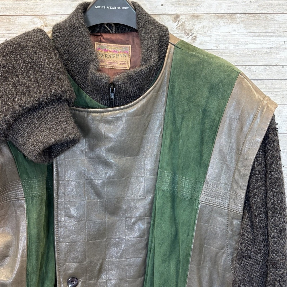 Vintage 80's SERAPHIN Mens 52 Jacket Leather Suede Bomber Green Gray Knit France